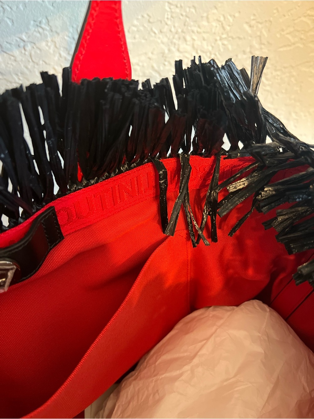 Christian Louboutin Black Woven Straw Tote with Red Script Embroidery - Picture 4 of 6